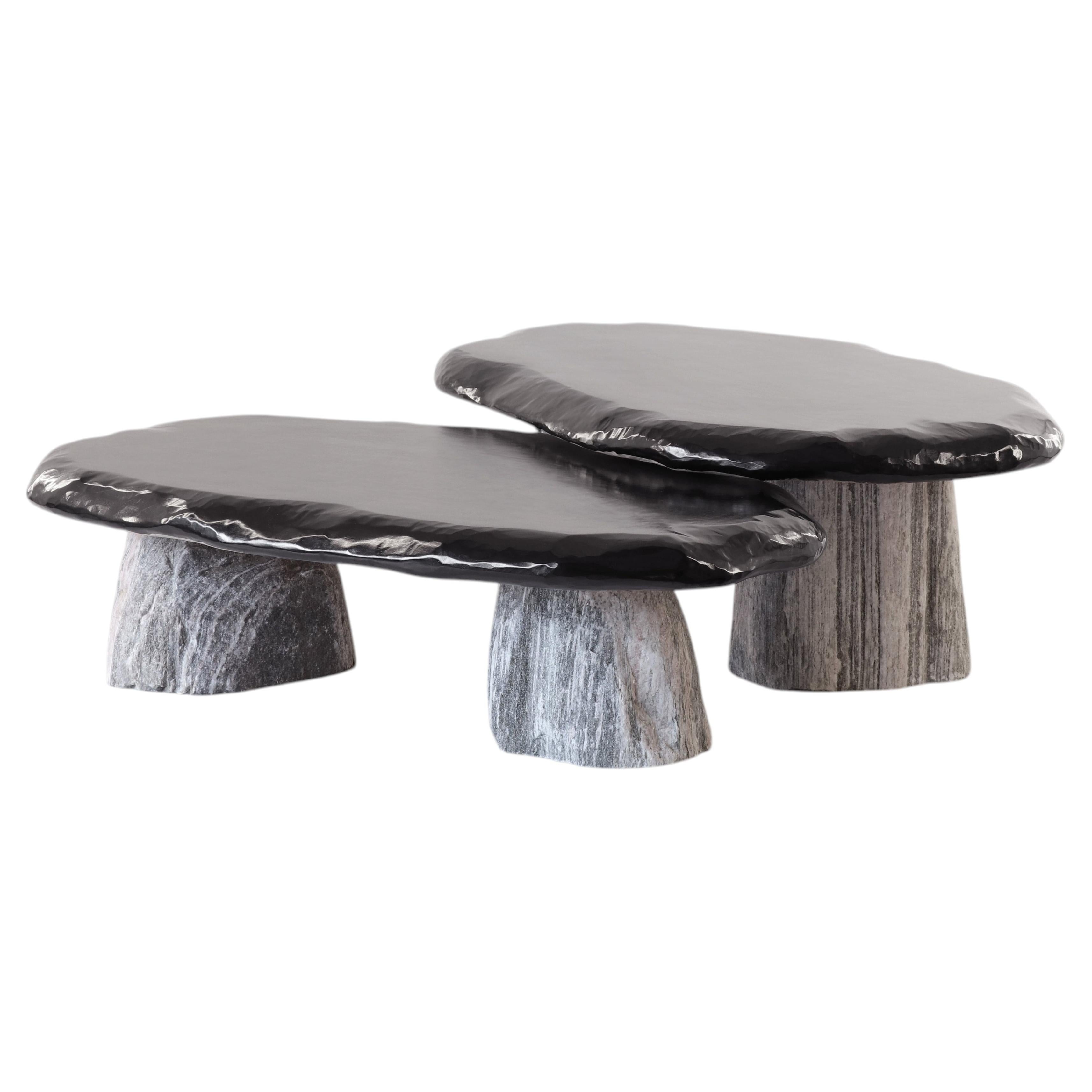 Lot de 2 tables basses « Bolete » en pierre naturelle et bois, par Henry D'ath