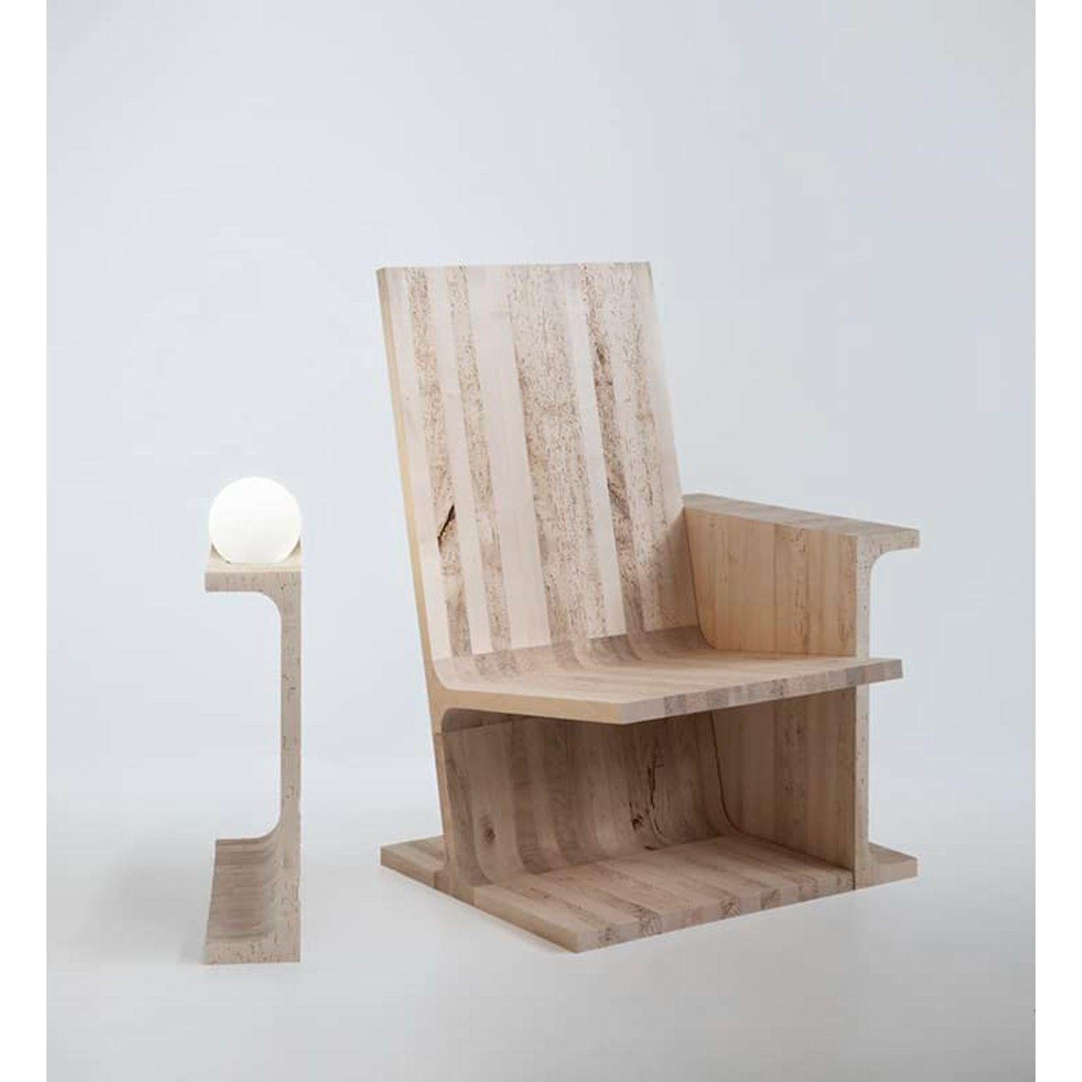 Set Of 2 Book Room Chair And Arm With Lamp by Secondome Edizioni and Studio F
Designer: Gio Tirotto.
Dimensions: Chair: D 56 x W 70 x H 102 cm.
Arm With Lamp: D 56 x W 14 x H 58 cm.
Materials: Solid woodworm maple wood.

Collection / Production: