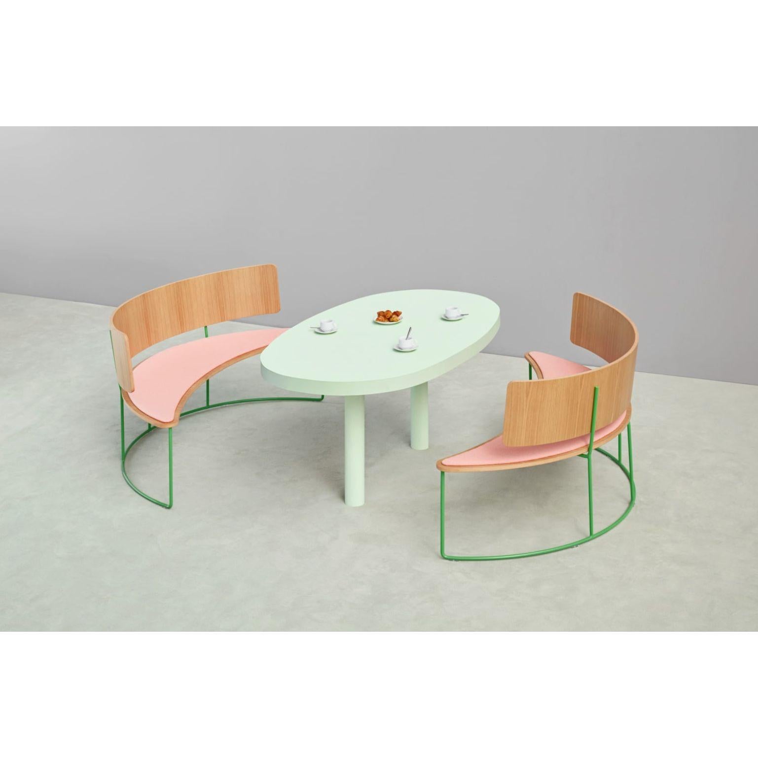 Set of 2 boomerang benches, Pink by Pepe Albargues
Dimensions: W152, D72, H79, Seat 43
Materials: Paint coated iron structure / gold / copper or chromed iron structure
Plywood backrest and seat covered with a natural oak wood layer
Upholstered