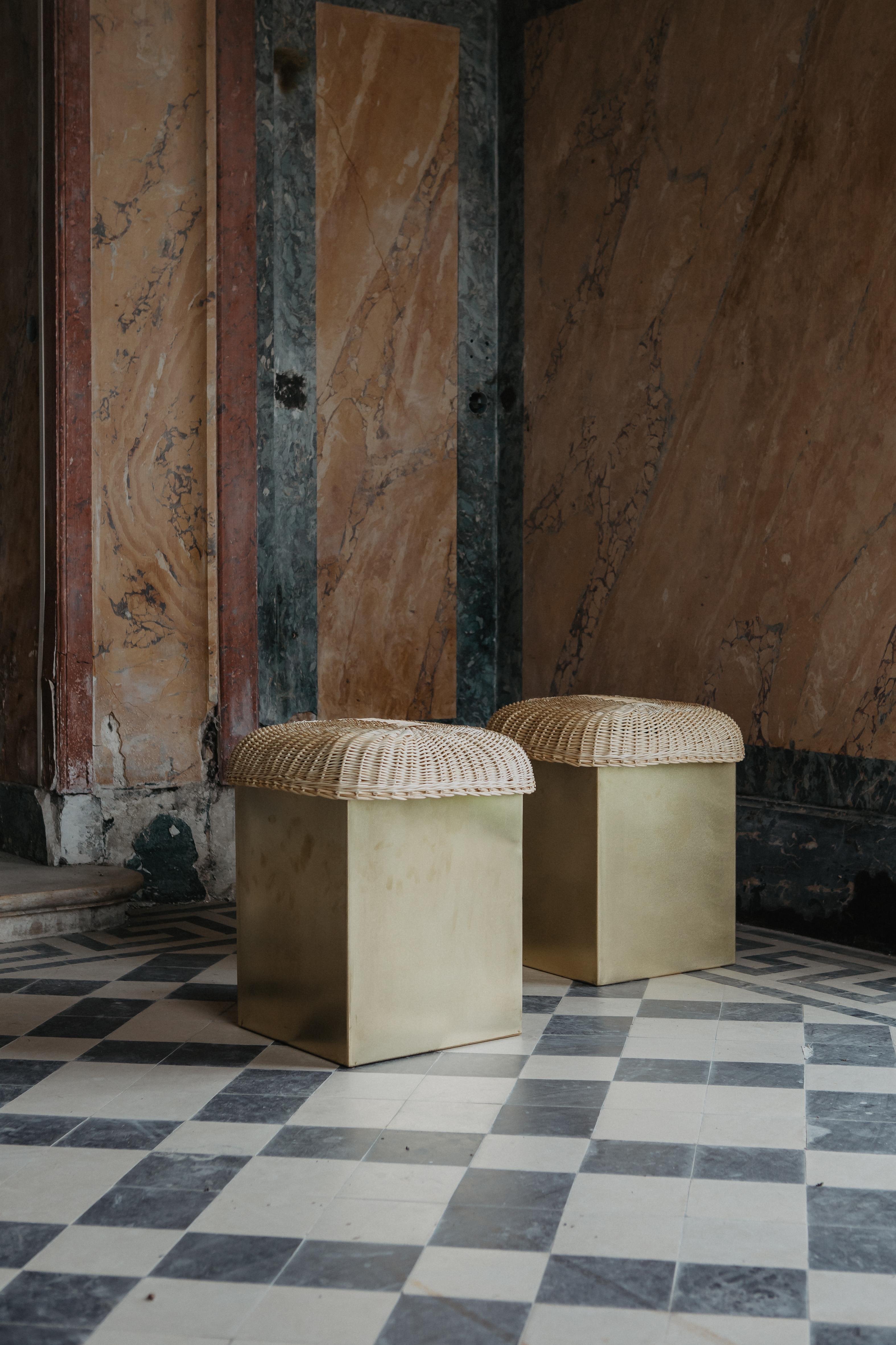 Set Of 2 Boudoir Stools by Mylene Niedzialkowski
Dimensions: Ø 35 x H 45 (each). 
Materials: Brass and wicker.

Stools with brass, seat in fine wickerwork, entirely handmade. Hand-woven black wicker from Villaine.

All our collections start from an