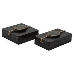 Set of 2 Boxes in Oak with Semi-Precious Stone and Brass by Kifu Paris