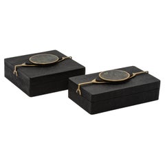 Set of 2 Boxes in Shagreen with Semi-Precious Stone and Brass by Kifu Paris