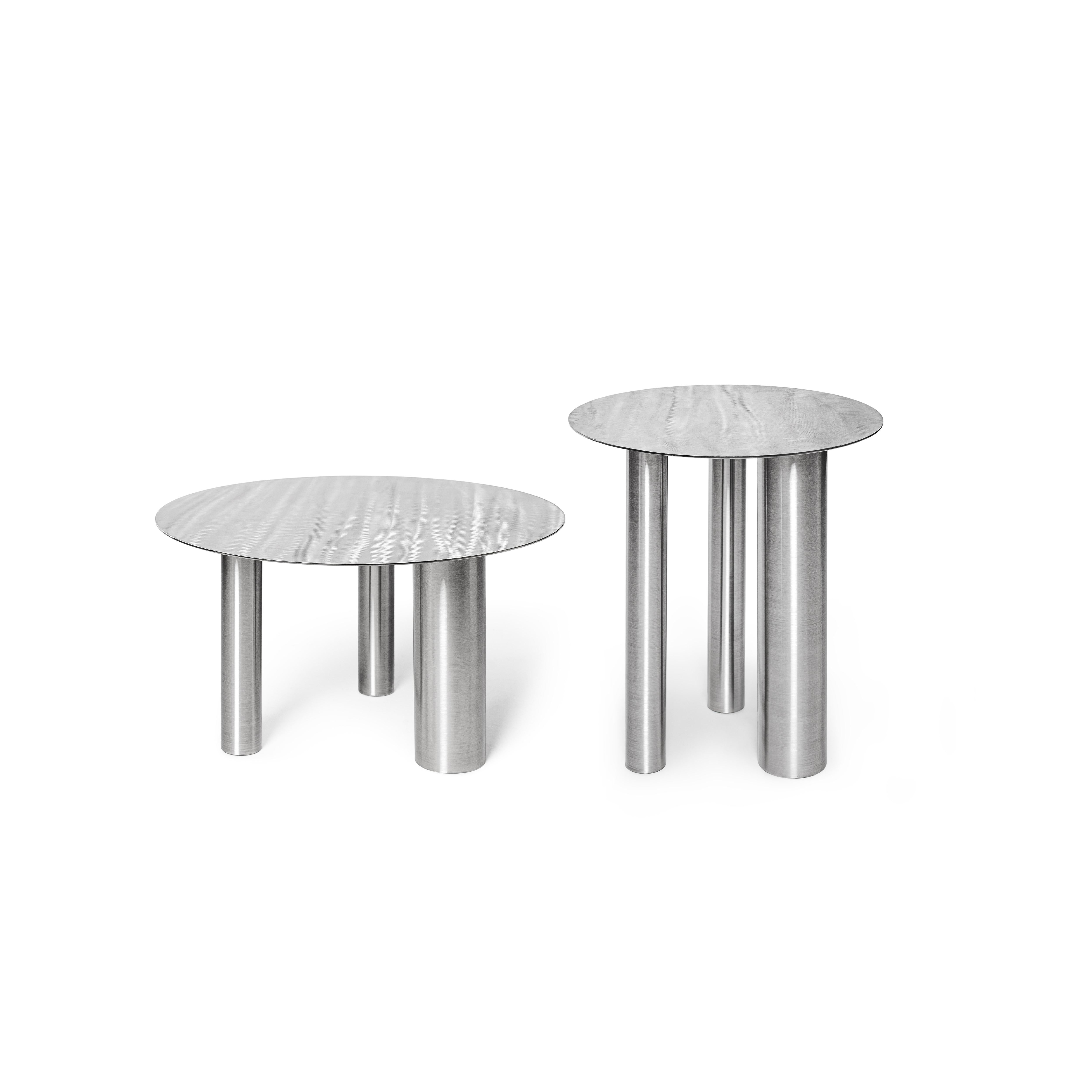 Set of 2 Brandt CS1 Coffee Tables by NOOM
Dimensions: Low Coffee Table H 50 x Ø 45 cm
High Coffee Table H 35 x Ø 60 cm
Materials: Stainless steel

NOOM is a young rapidly growing design company from Ukraine that produces lighting, decor and home