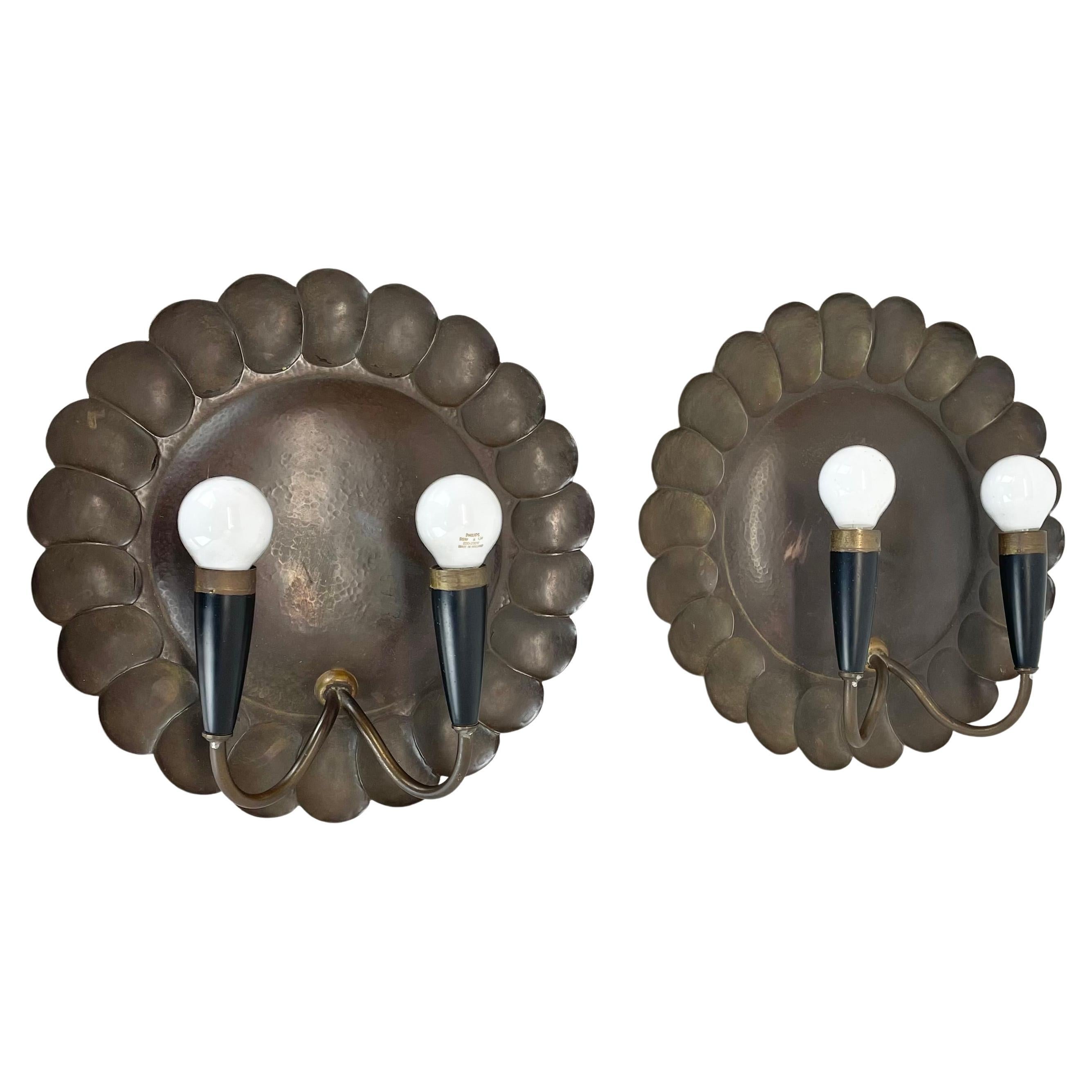 set of 2 brass 31cm Gio Ponti Style Theatre Wall Light Sconces, Italy, 1950s