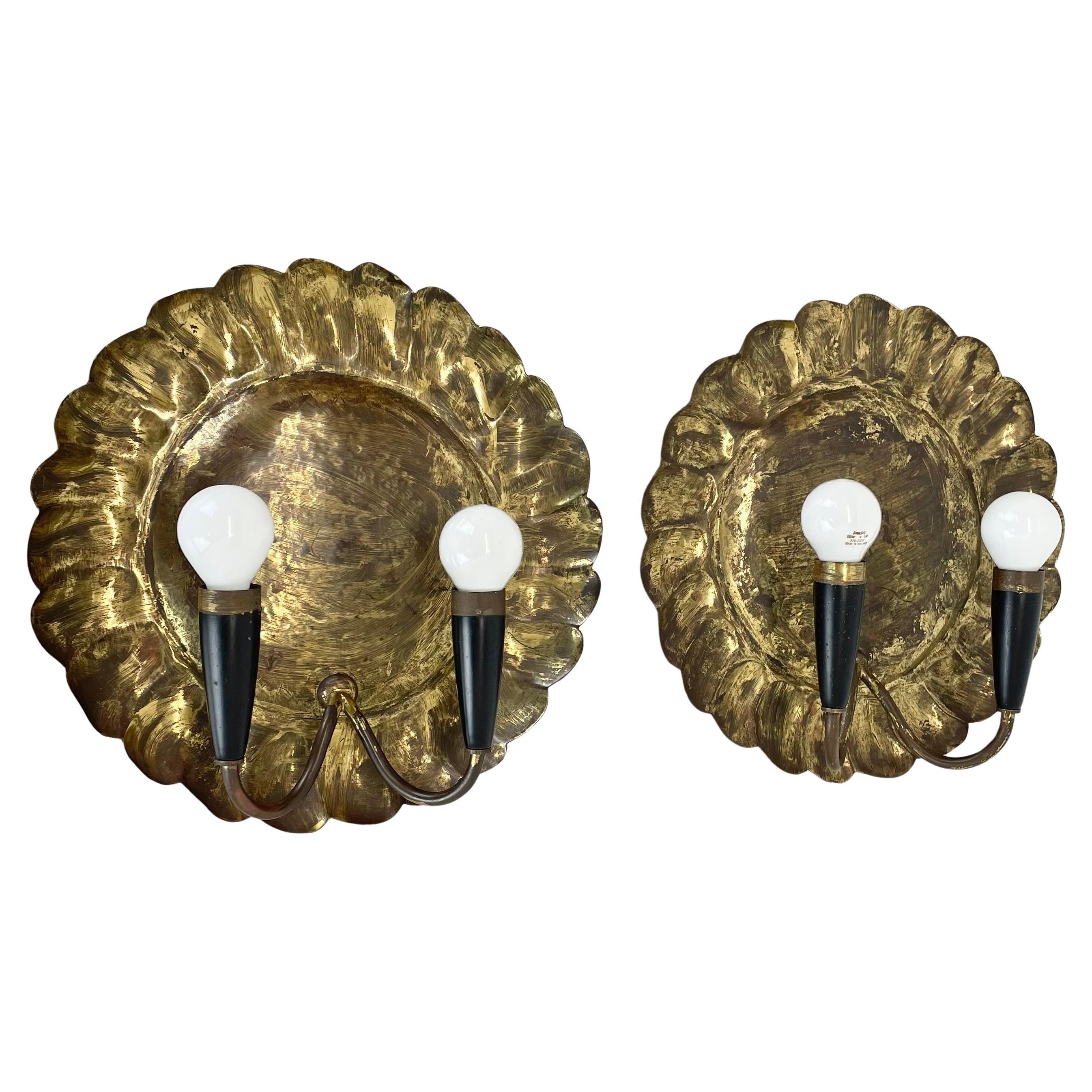 set of 2 brass 31cm Gio Ponti Style Theatre Wall Light Sconces, Italy, 1950s