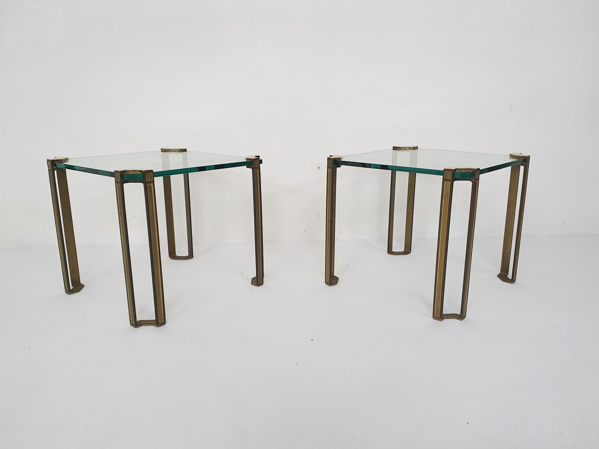 Dutch Set of 2 Brass and Glass Peter Ghyczy Side Tables, 1970's