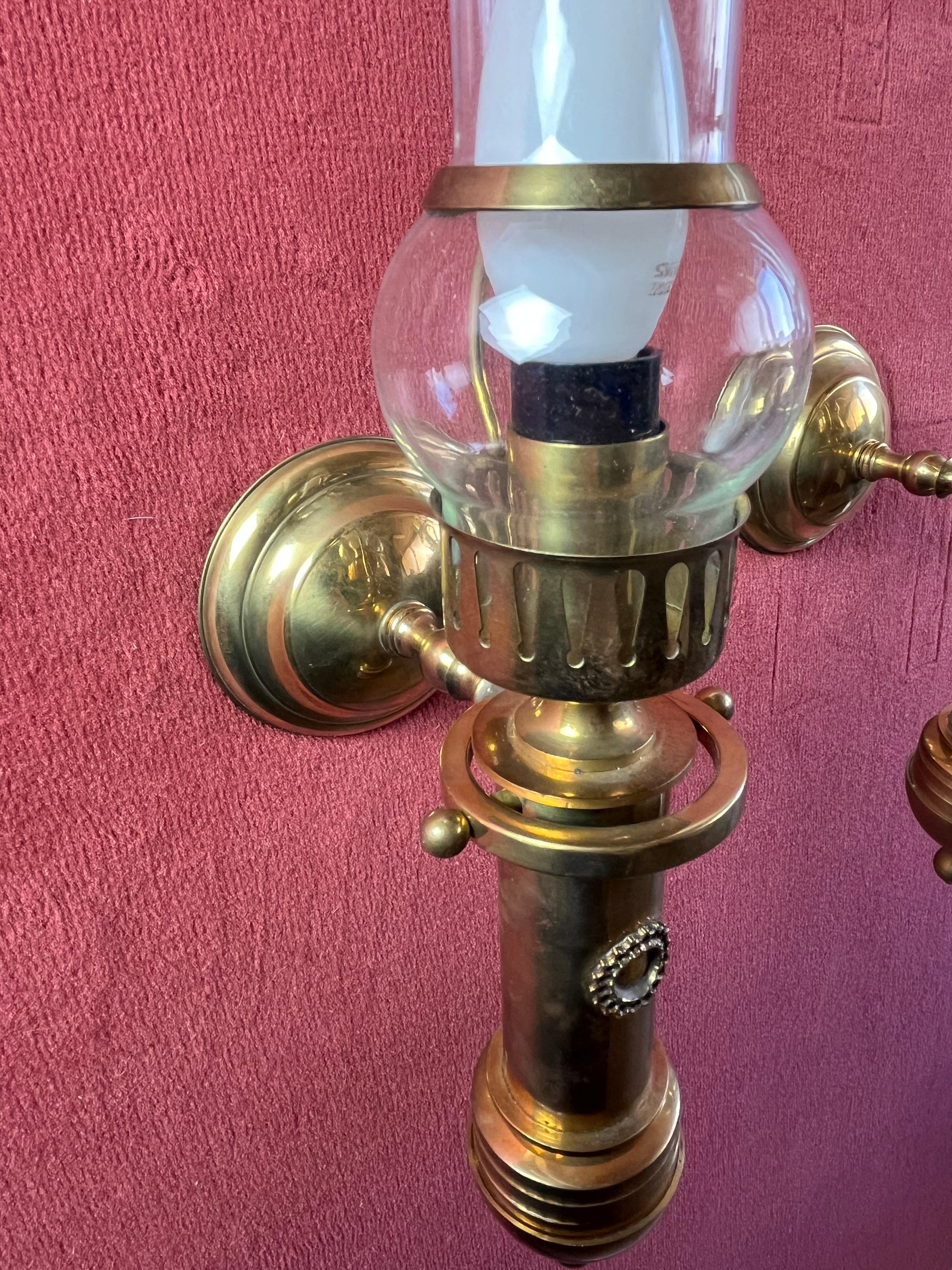 Italian Set Of 2 Brass And Glass Wall Lamps 1980s For Sale