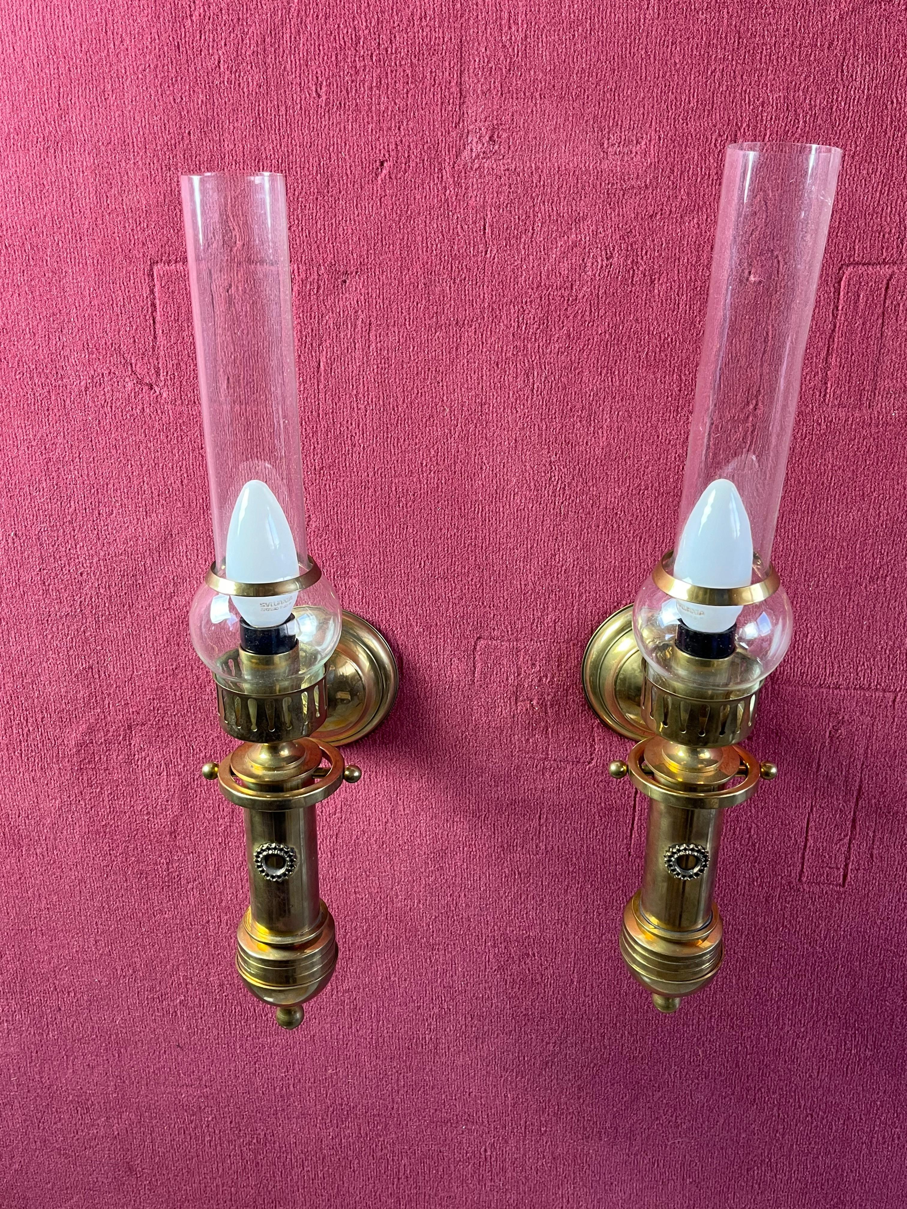 Late 20th Century Set Of 2 Brass And Glass Wall Lamps 1980s For Sale