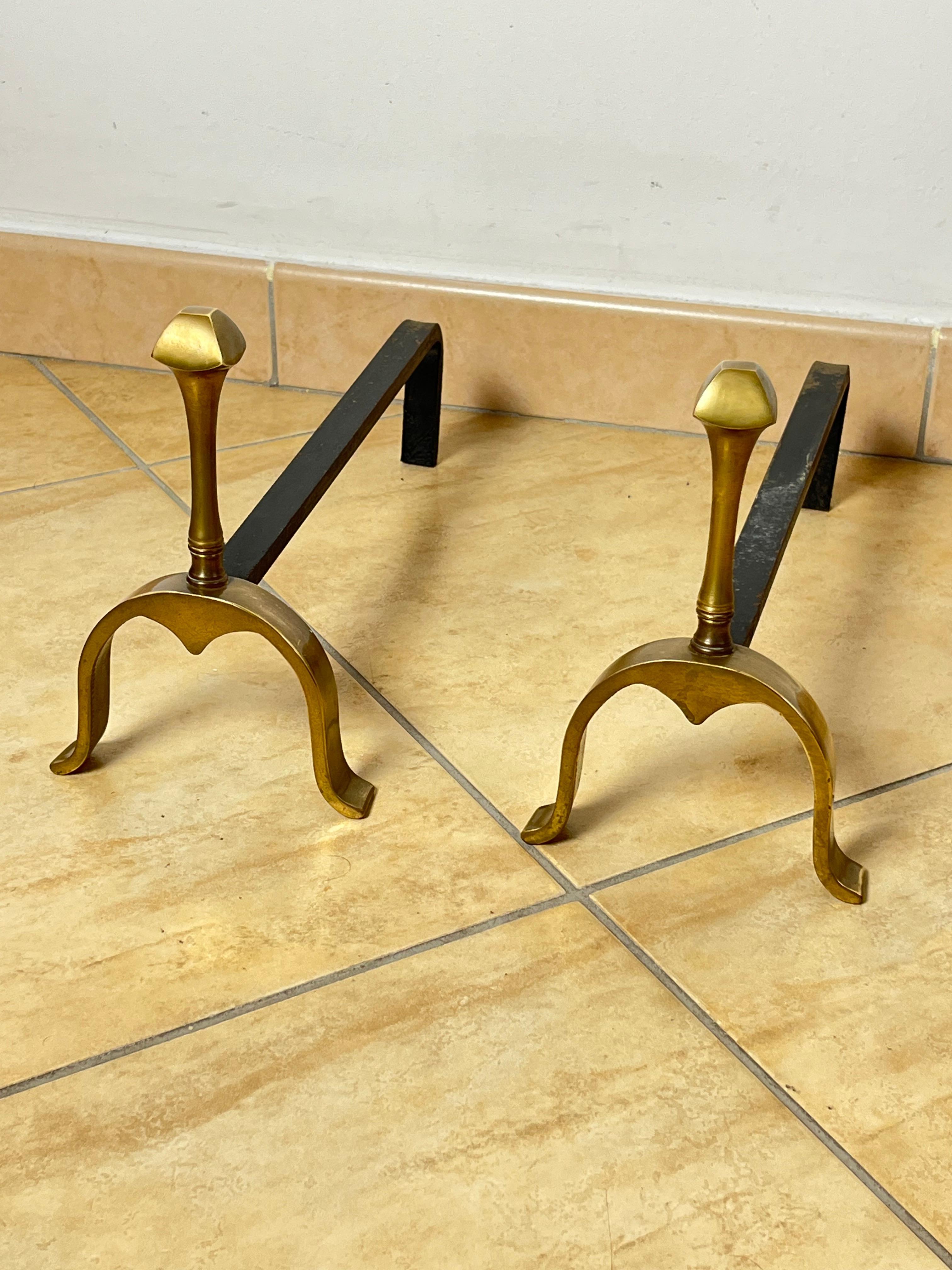 Late 20th Century Set of 2 Brass and Iron Fireplace Andirons, Italy, 1970s For Sale