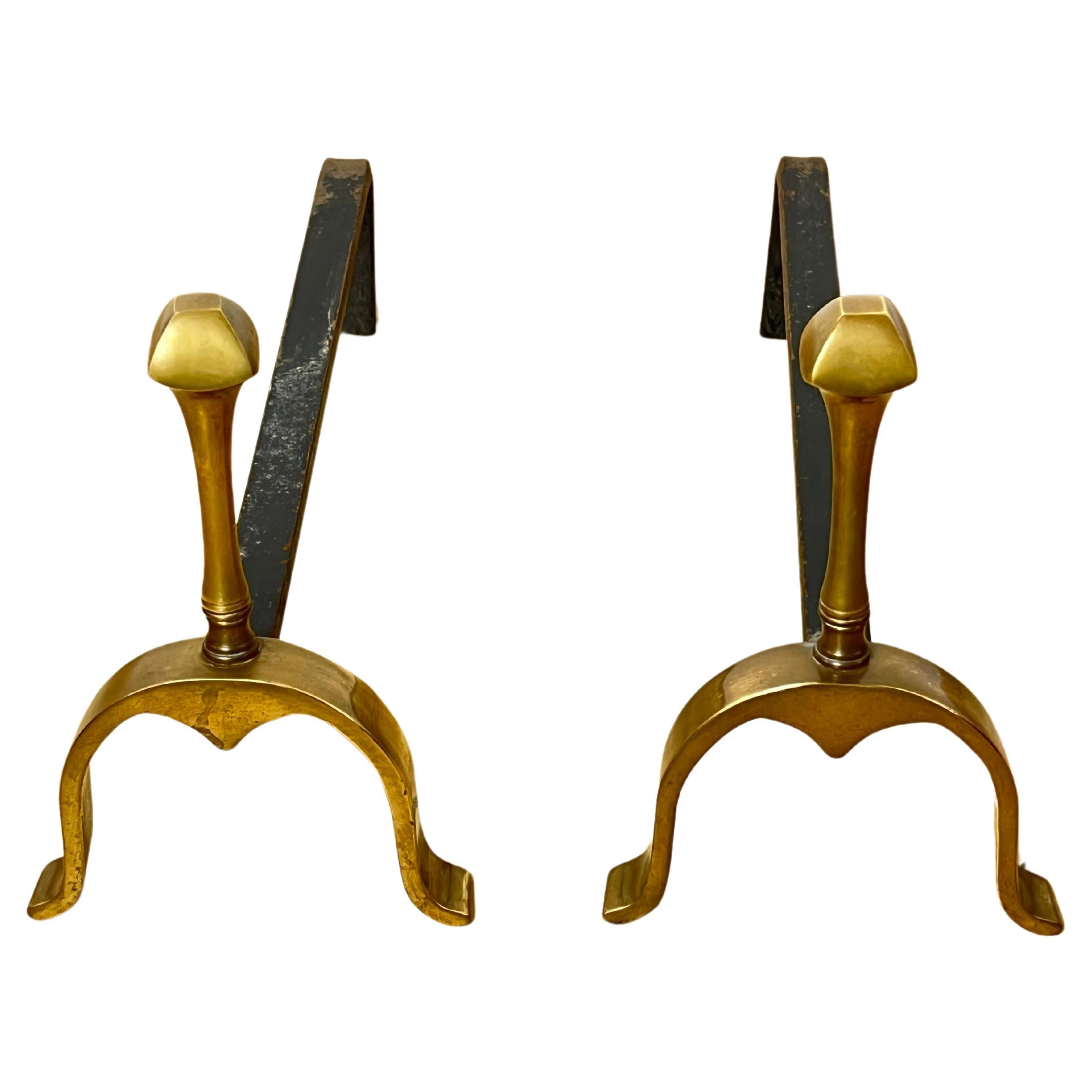 Set of 2 Brass and Iron Fireplace Andirons, Italy, 1970s For Sale