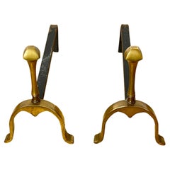 Vintage Set of 2 Brass and Iron Fireplace Andirons, Italy, 1970s