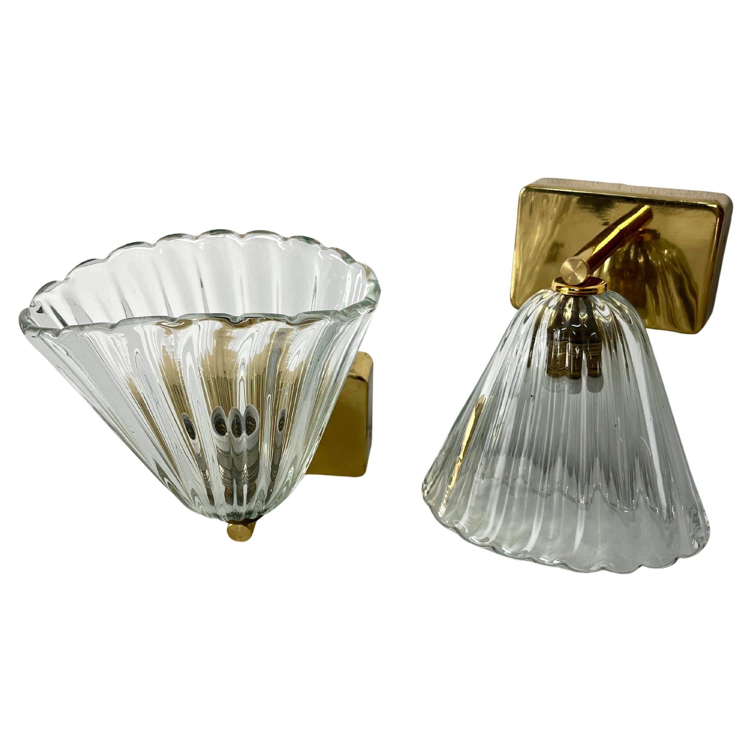 Juego de 2 apliques de latón y cristal de Murano atribuido a Barovier & Toso, años 50