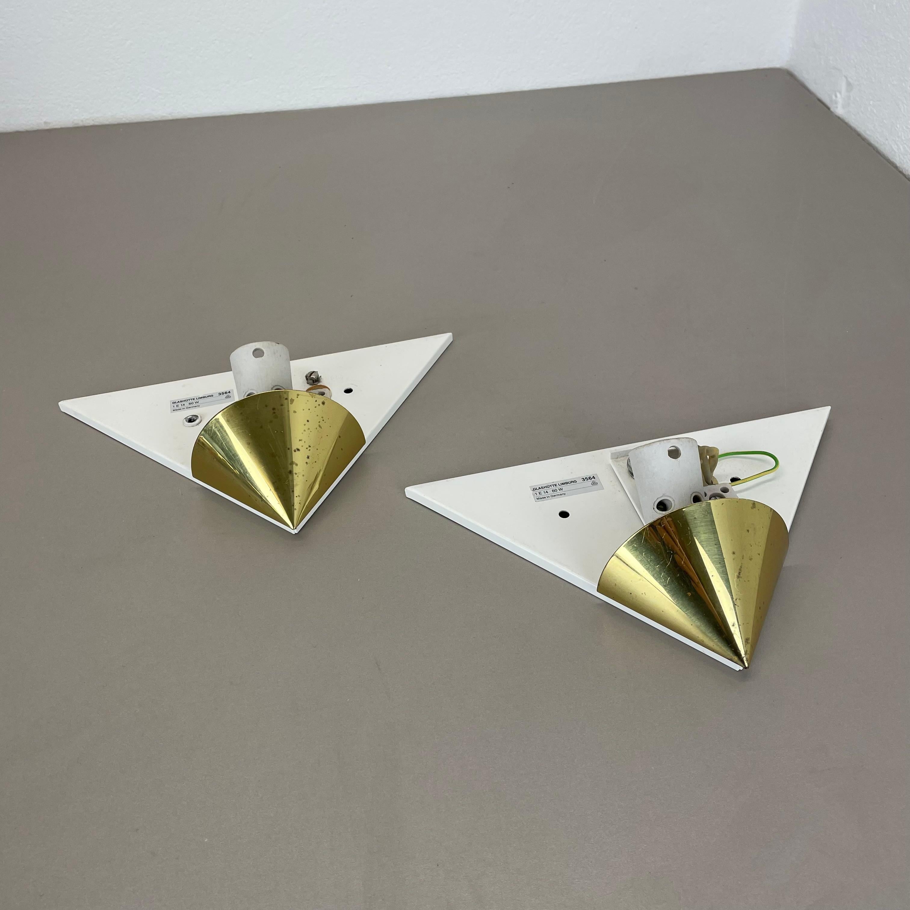 Set of 2 Brass and satin glass Wall Lights by Glashütte Limburg, Germany, 1980s For Sale 4