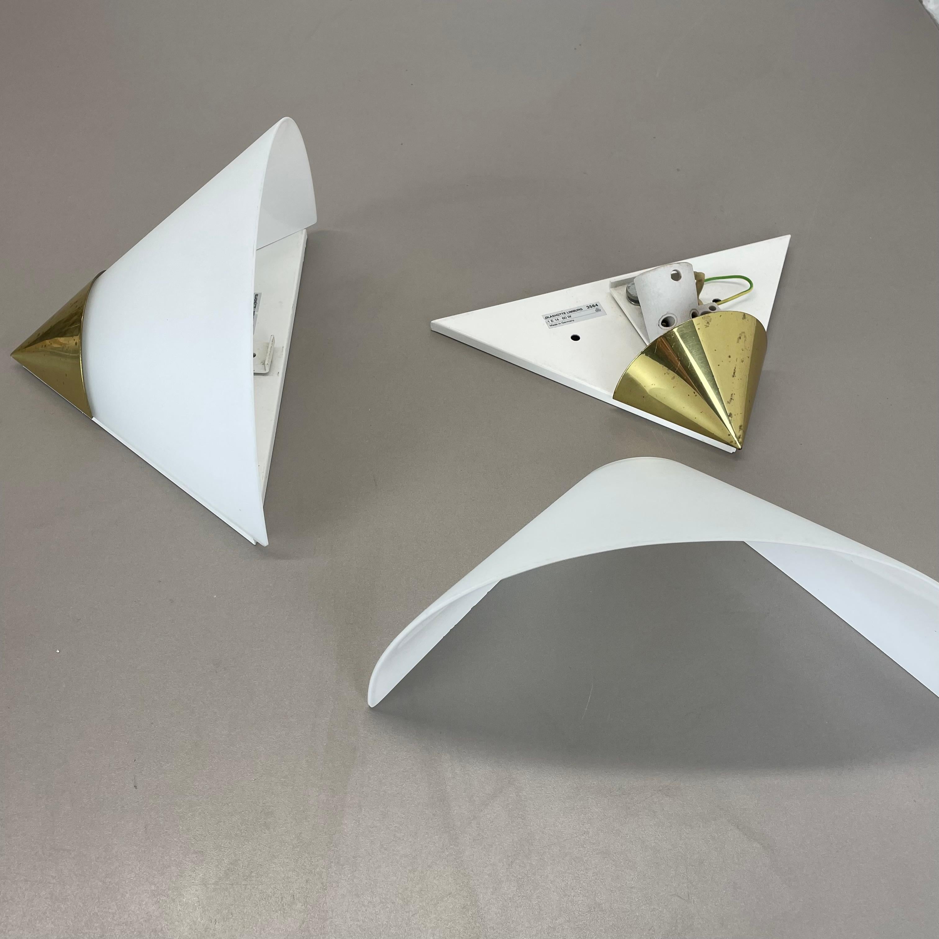 Set of 2 Brass and satin glass Wall Lights by Glashütte Limburg, Germany, 1980s For Sale 14