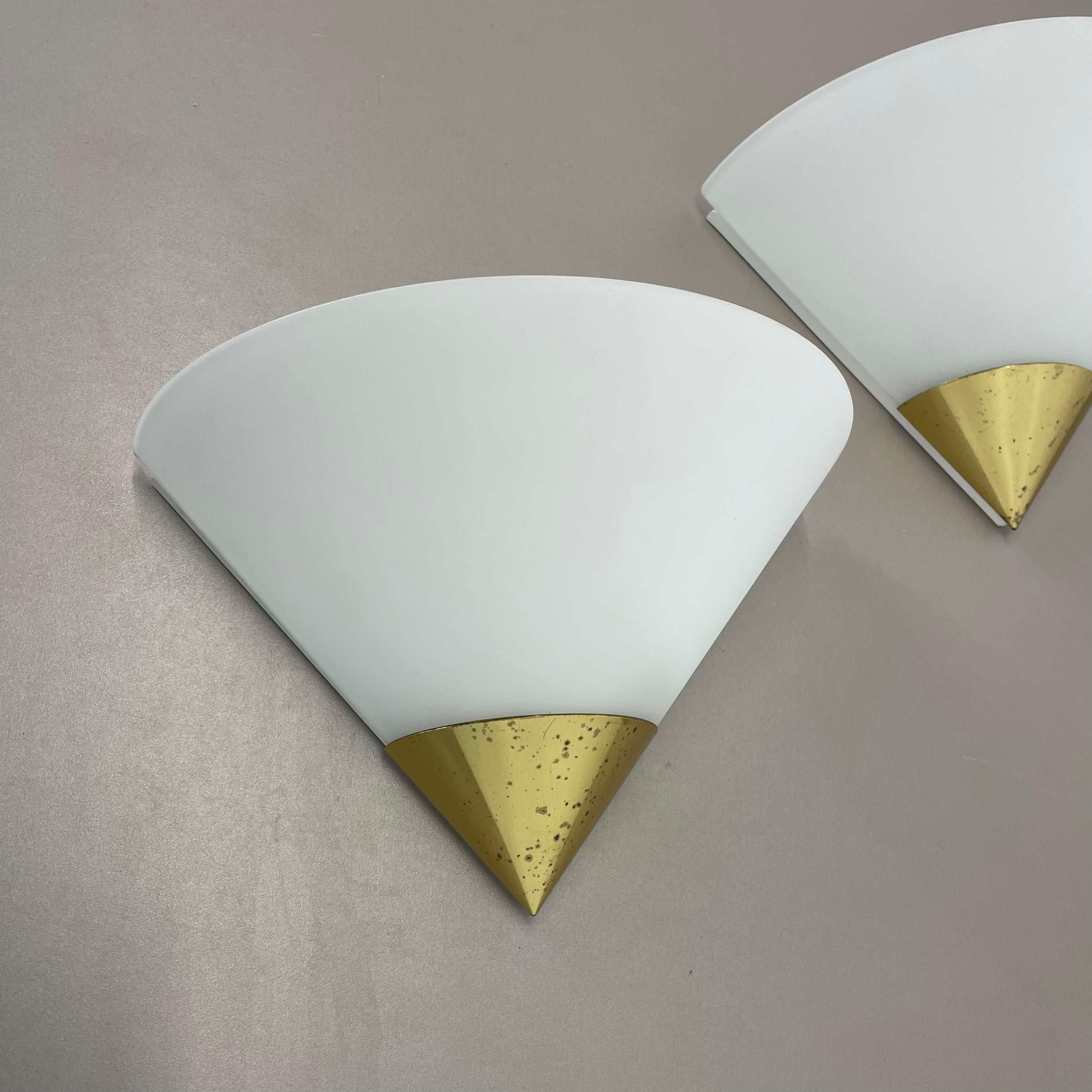 Set of 2 Brass and satin glass Wall Lights by Glashütte Limburg, Germany, 1980s In Good Condition For Sale In Kirchlengern, DE