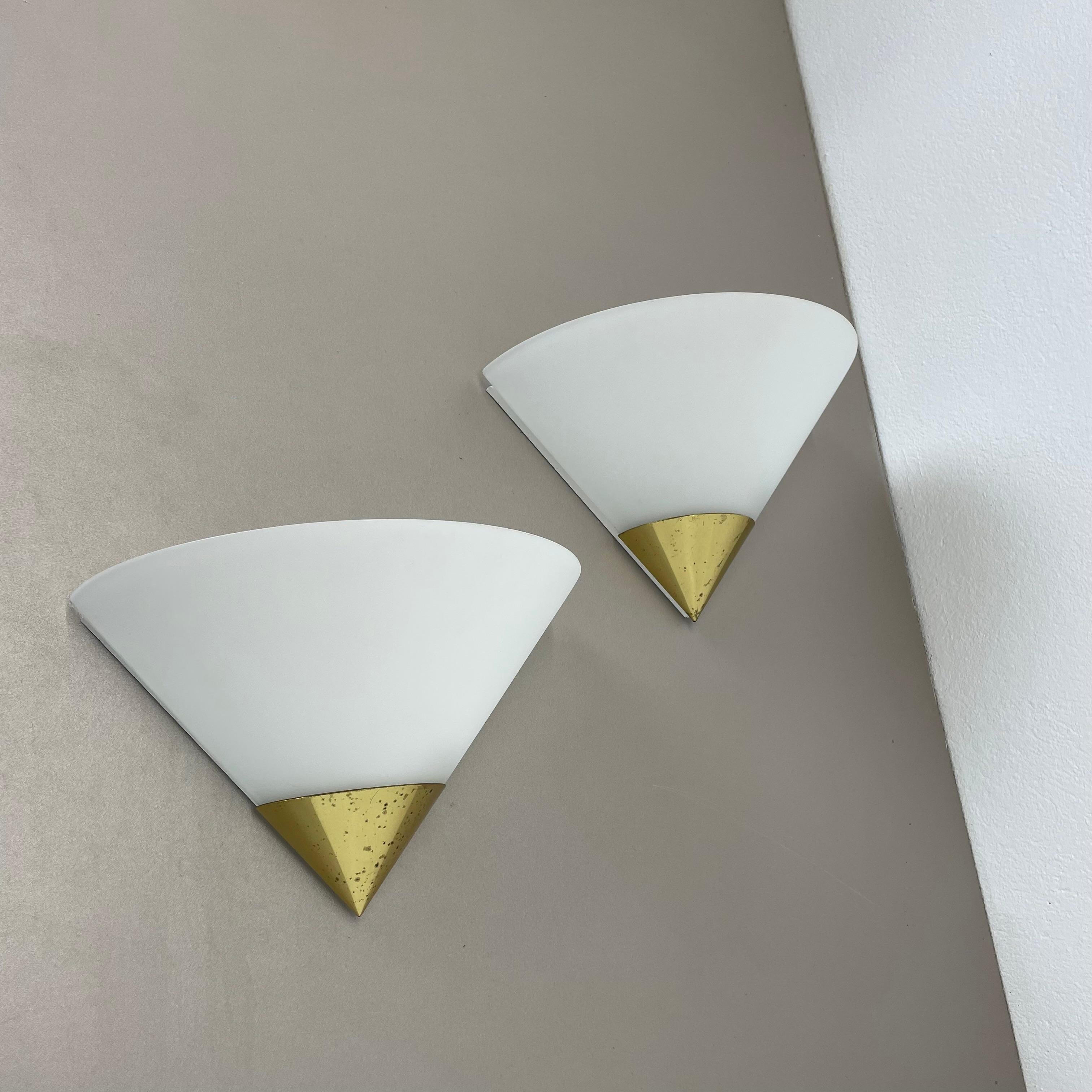 Metal Set of 2 Brass and satin glass Wall Lights by Glashütte Limburg, Germany, 1980s For Sale