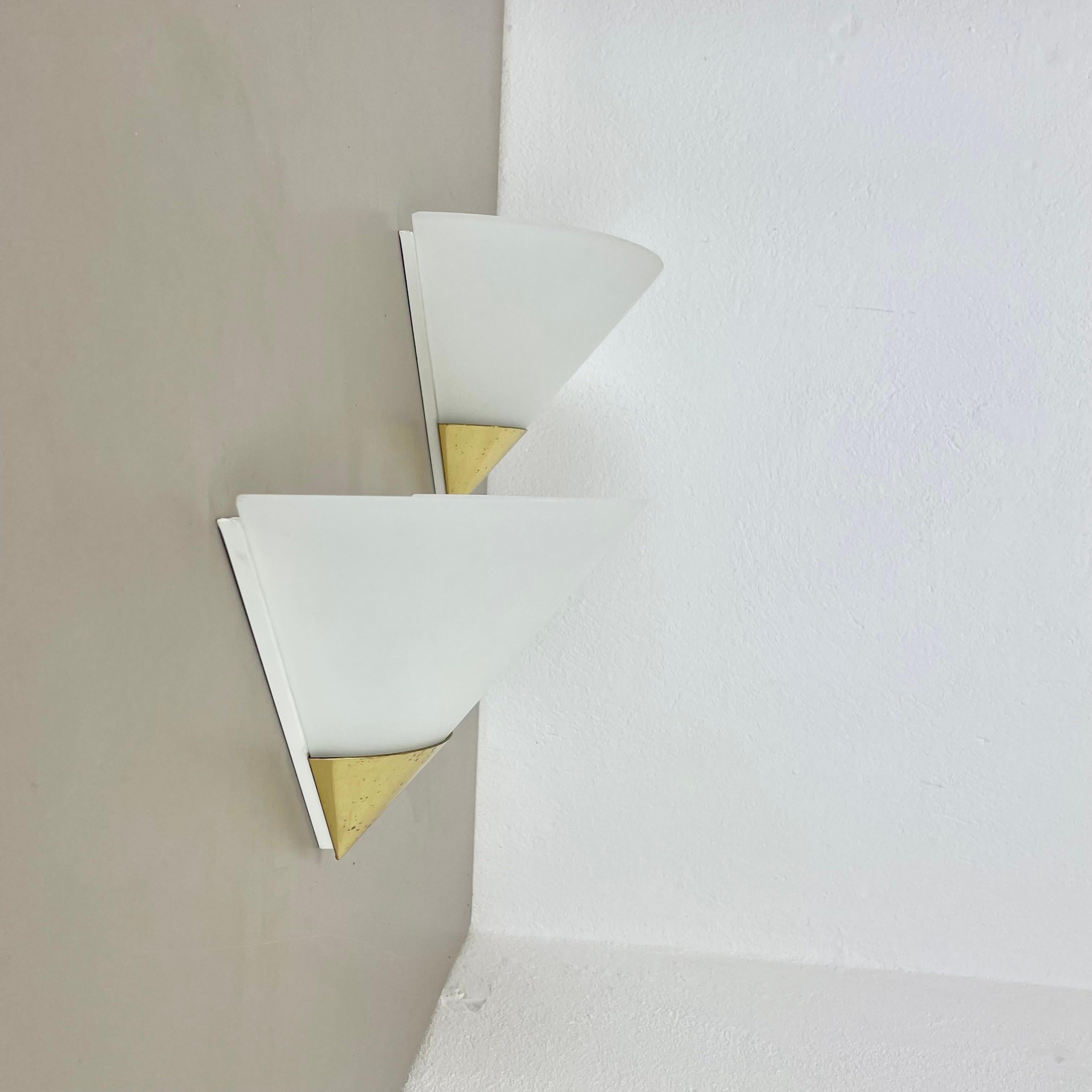Set of 2 Brass and satin glass Wall Lights by Glashütte Limburg, Germany, 1980s For Sale 1