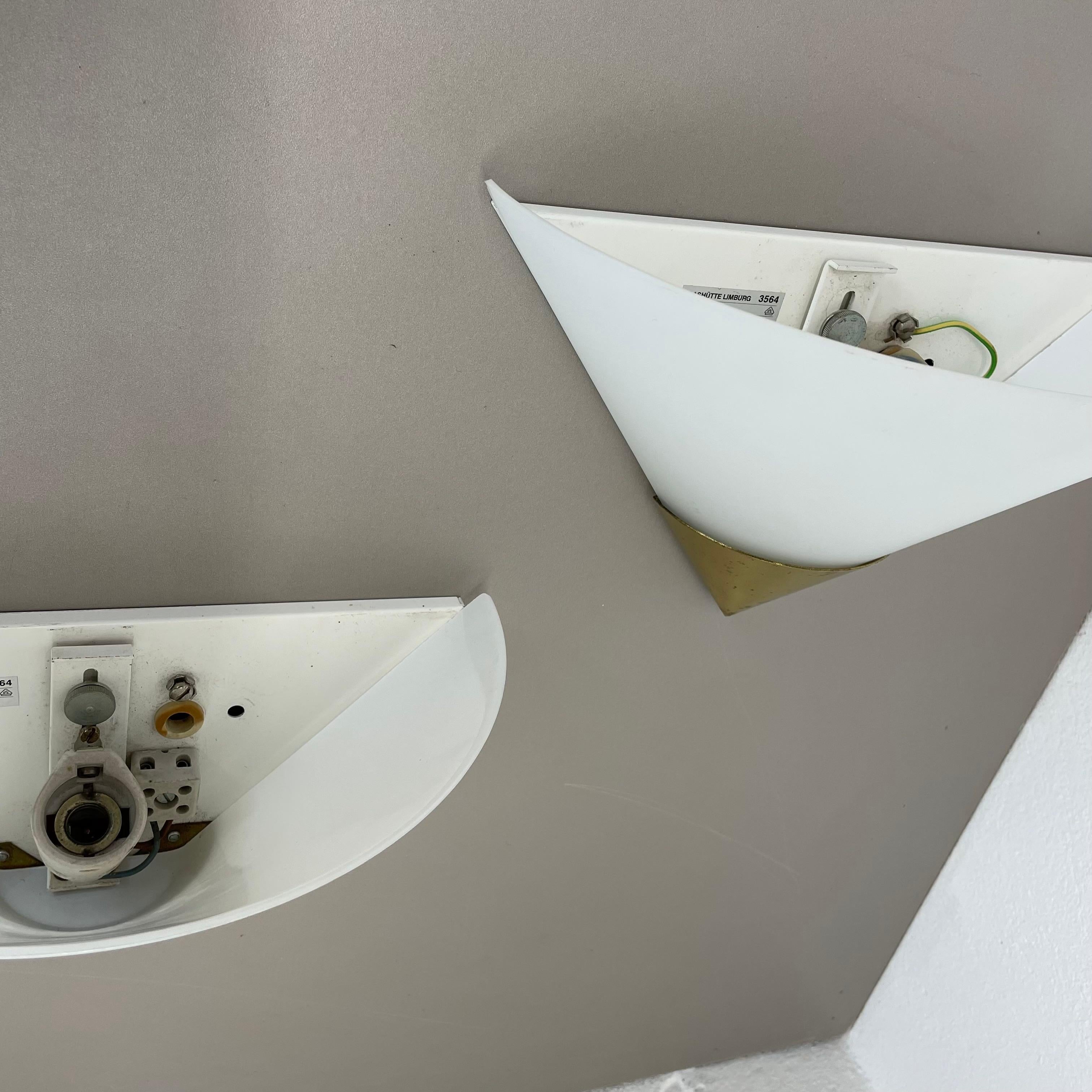 Set of 2 Brass and satin glass Wall Lights by Glashütte Limburg, Germany, 1980s For Sale 3