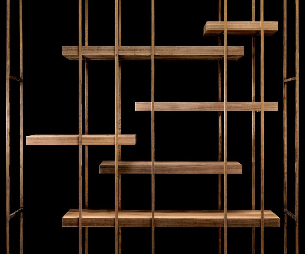 Modern Set of 2 Brass and Wood Bookshelves Cage B For Sale