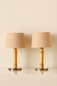 Set of 2 Hans-Agne Jakobsson Brass & Bamboo Table Lamps, Sweden, 1970s