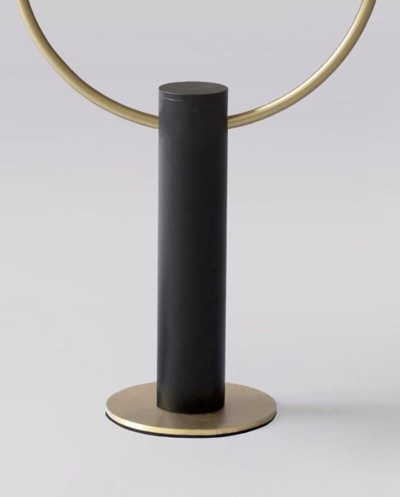 Brushed Set of 2 Brass Half in Circle Table Lamps by Square in Circle