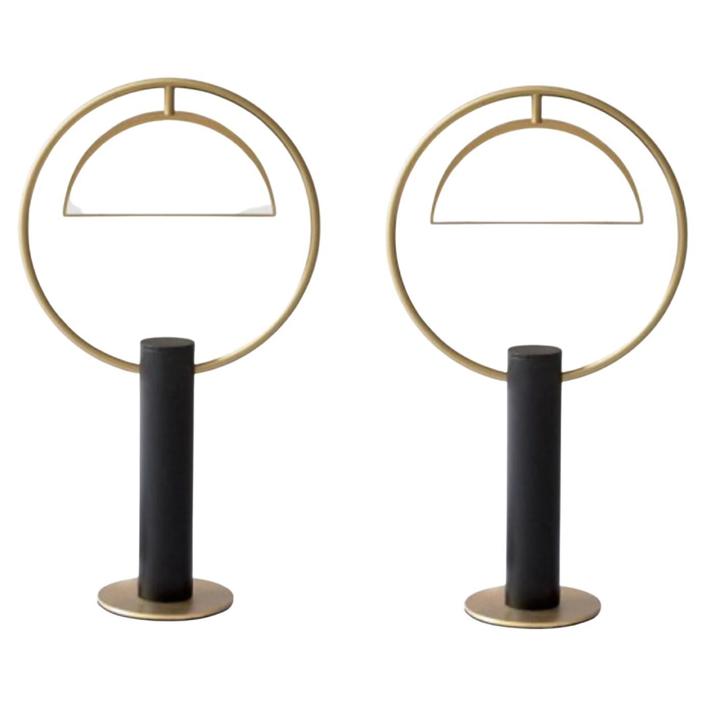 Set of 2 Brass Half in Circle Table Lamps by Square in Circle
