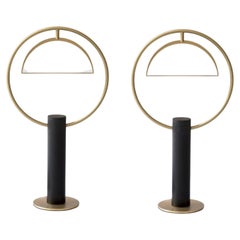 Set of 2 Brass Half in Circle Table Lamps by Square in Circle