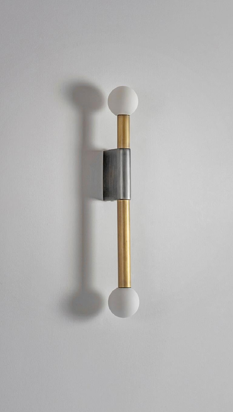 Set of 2 Brass Pole and Circle Wall Lights by Square in Circle
Dimensions: W 4 x H 45 x D 7 cm.
Materials: brushed brass finish, white frosted glass globe, brushed grey metal.

Minimal brushed brass wall lamp with opaque glass globes to both ends.
