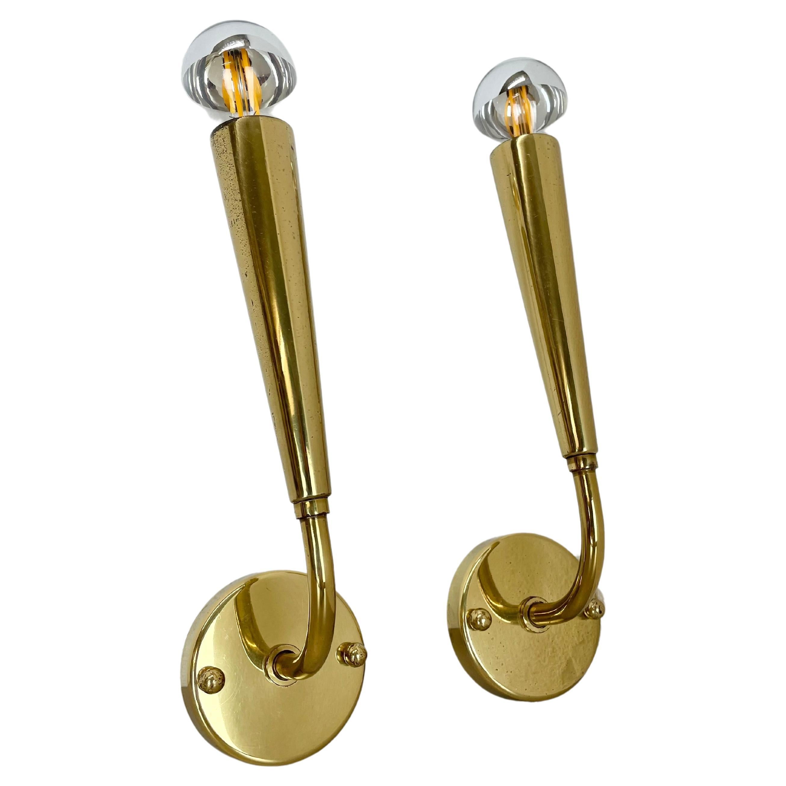 set of 2 Brass "TORCH" Stilnovo Style Theatre Wall Light Sconces, Italy, 1970s