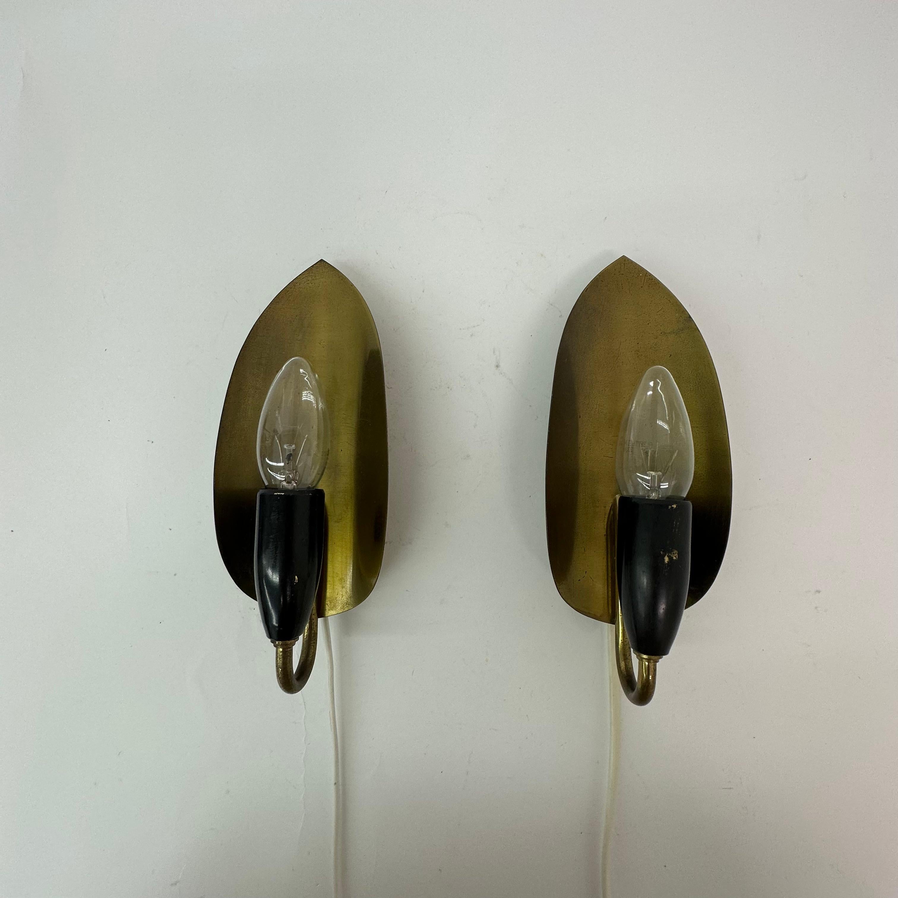 French Set of 2 brass wall lamps , 1950’s For Sale
