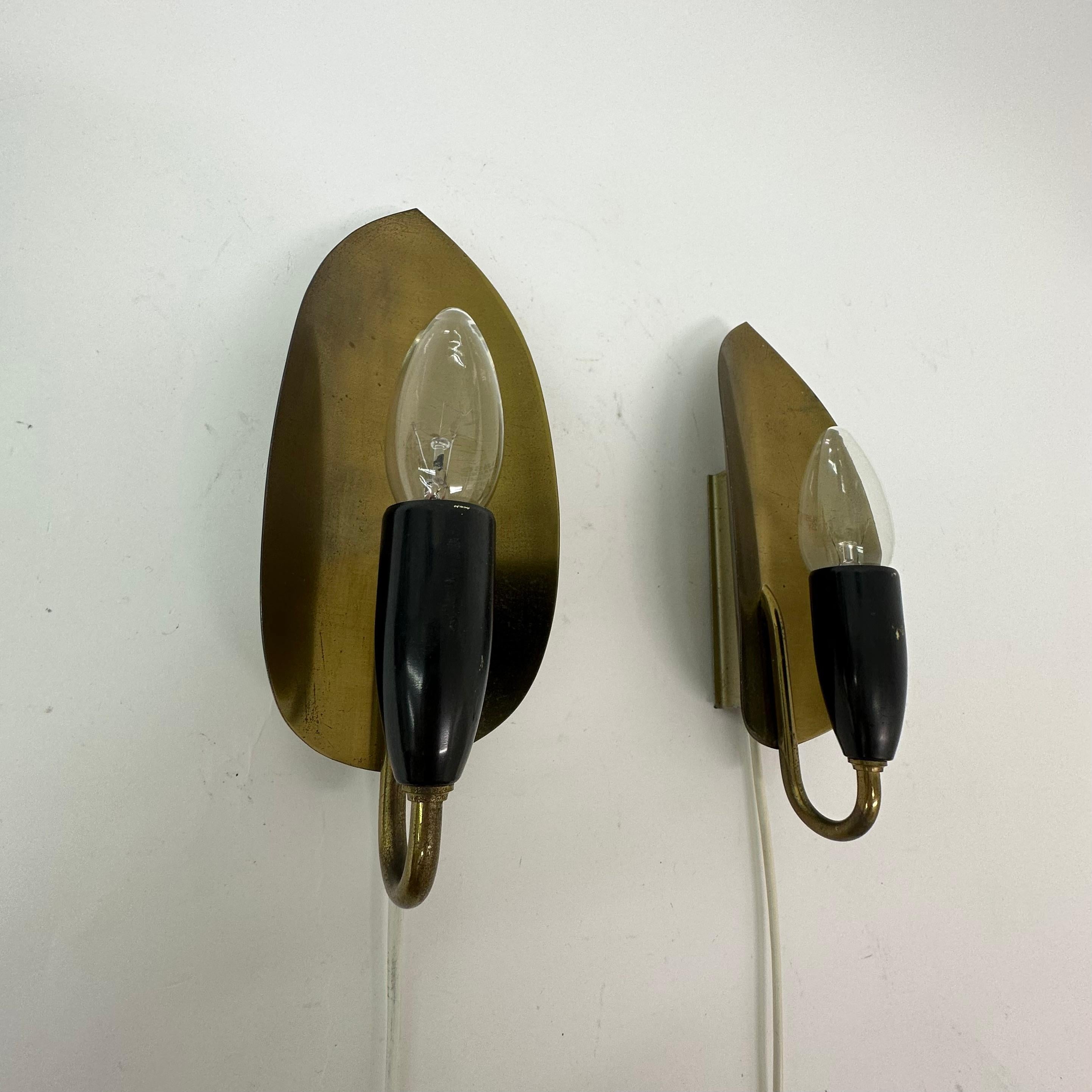 Glass Set of 2 brass wall lamps , 1950’s For Sale