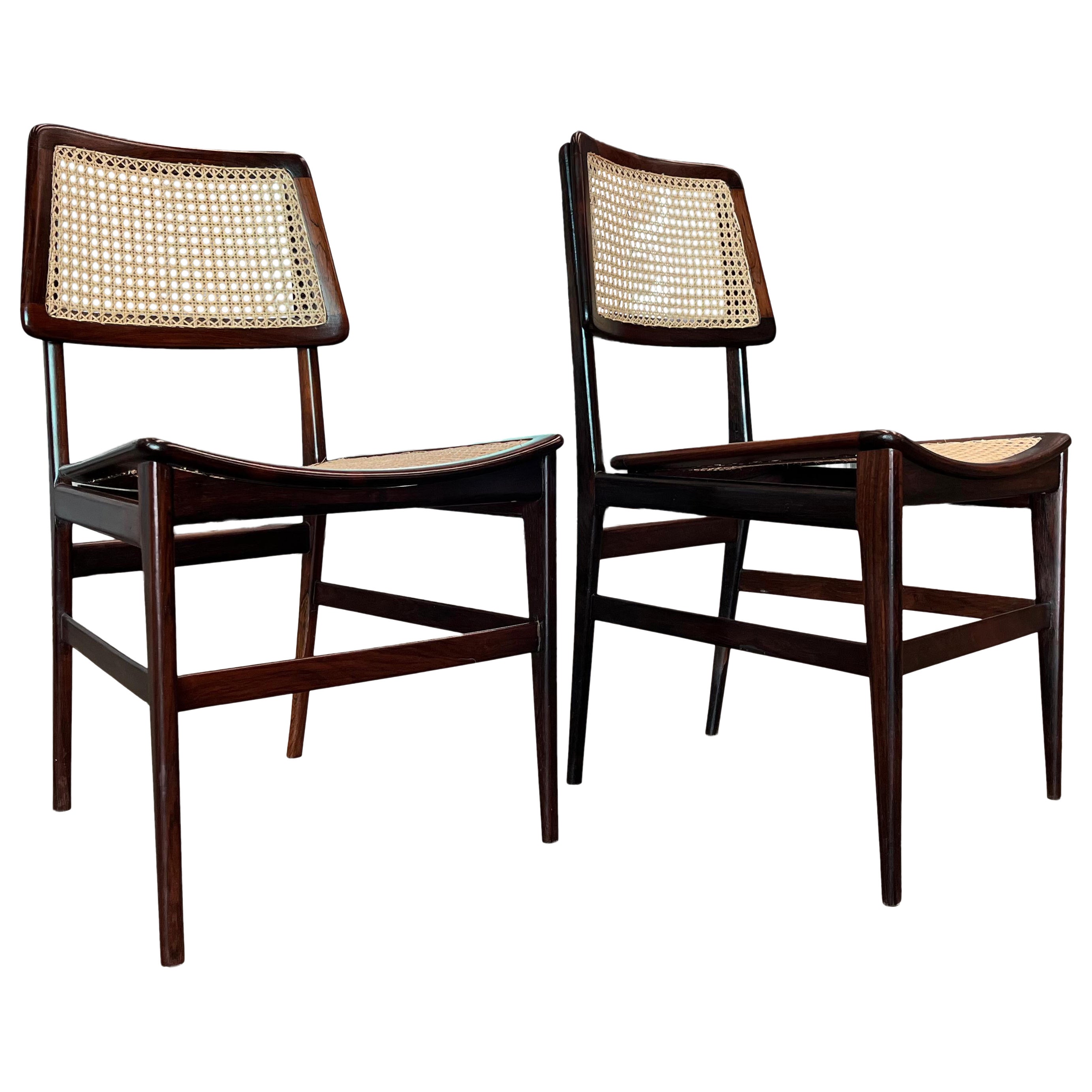 Set of 2 Brazilian Modern Chairs in Hardwood & Cane, Joaquim Tenreiro, 1960s