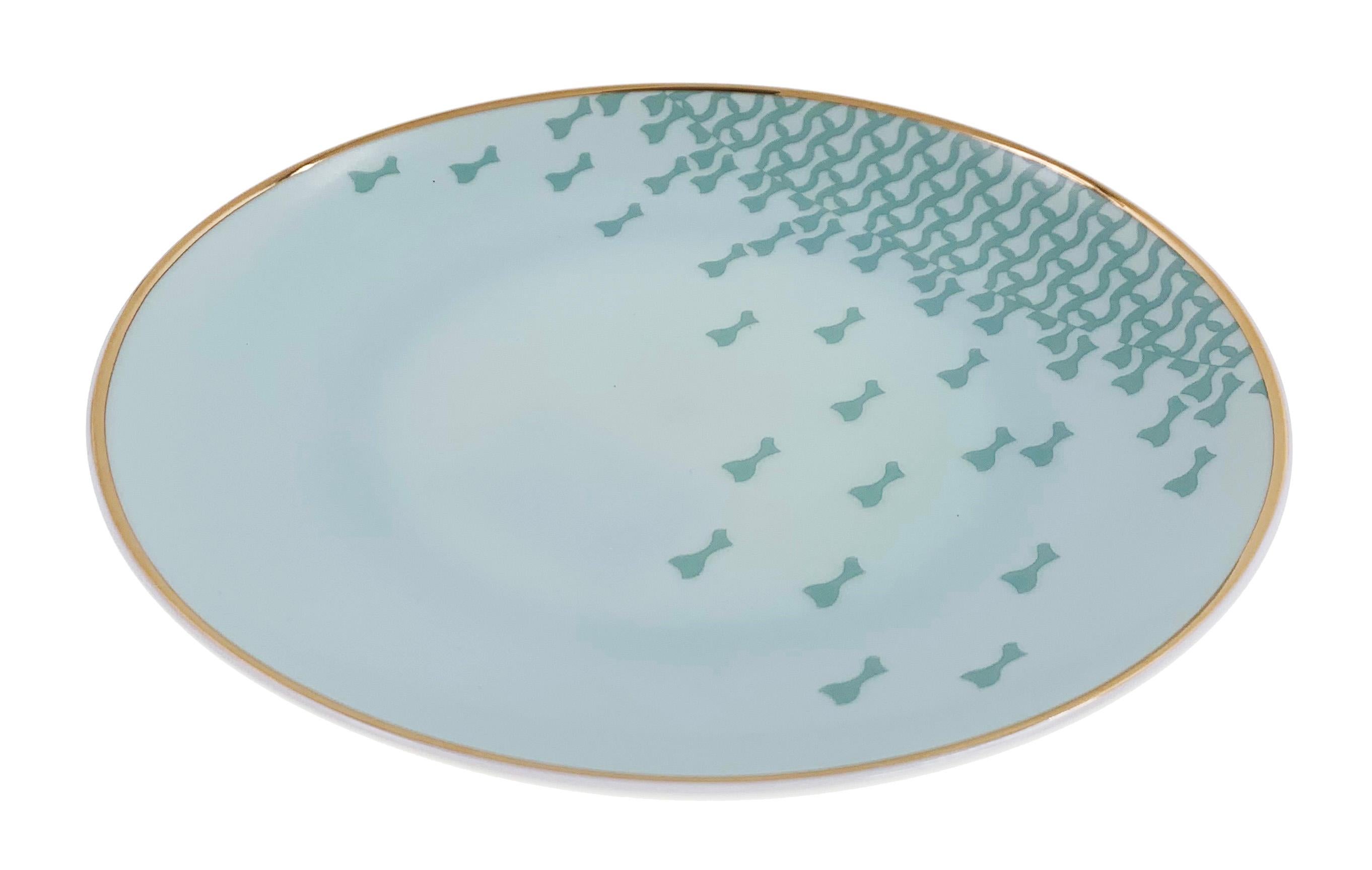 Larger quantities available upon request, with 8 weeks production time.

Description: Set of 2 bread plate (2 pieces)
Color: Sage green
Size: 15.8Ø x 2H cm
Material: Porcelain and gold
Collection: Mid Century Rhythm