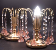 Set of 2 Brigitte Bardot, Pink Drops Crystal and Murano Glass Table Lamp, 1980s