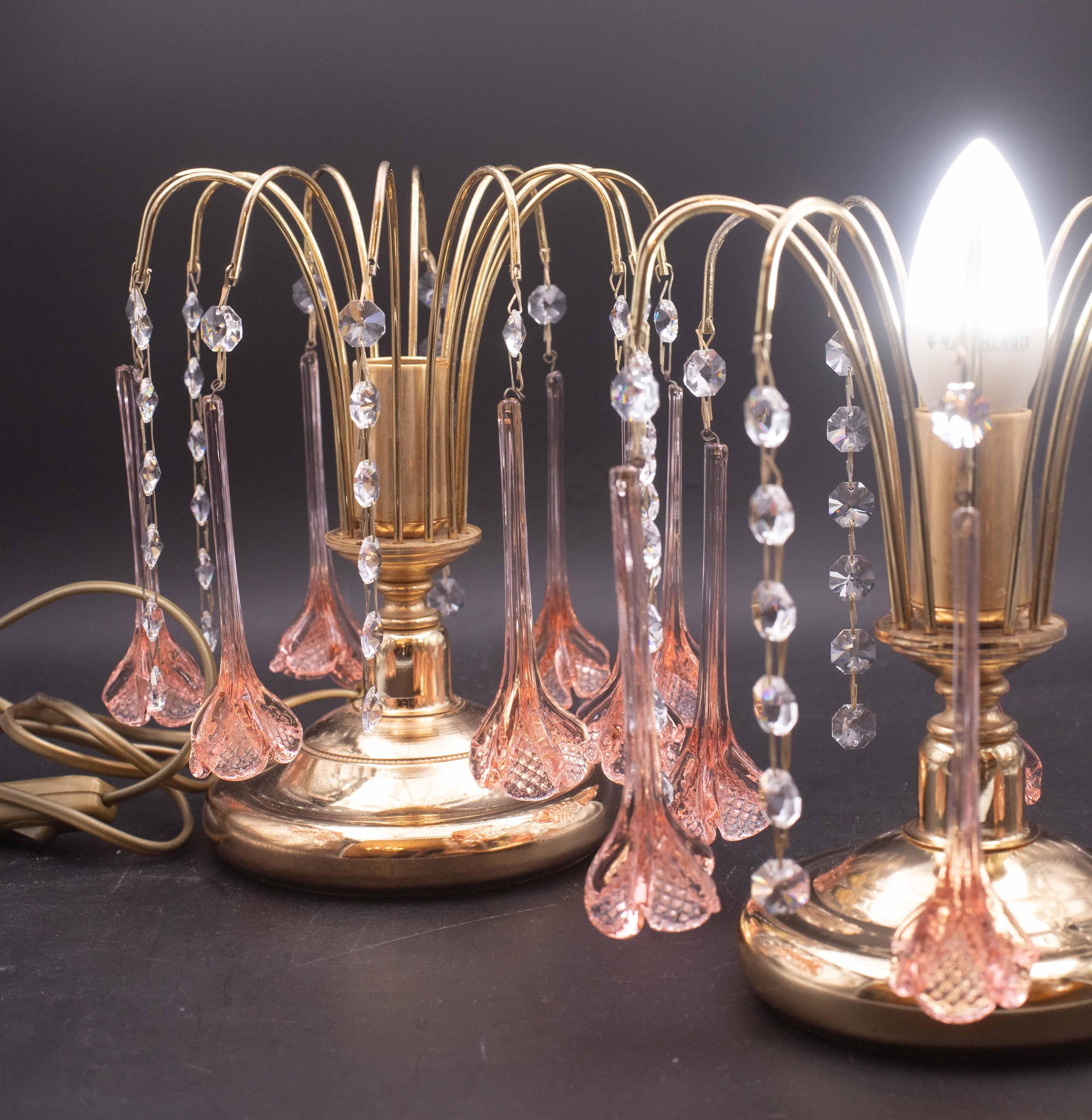 2er-Set Brigitte Bardot, Rosa Tropfen Kristall und Murano Glas Tischlampe, 1980er (Ende des 20. Jahrhunderts) im Angebot