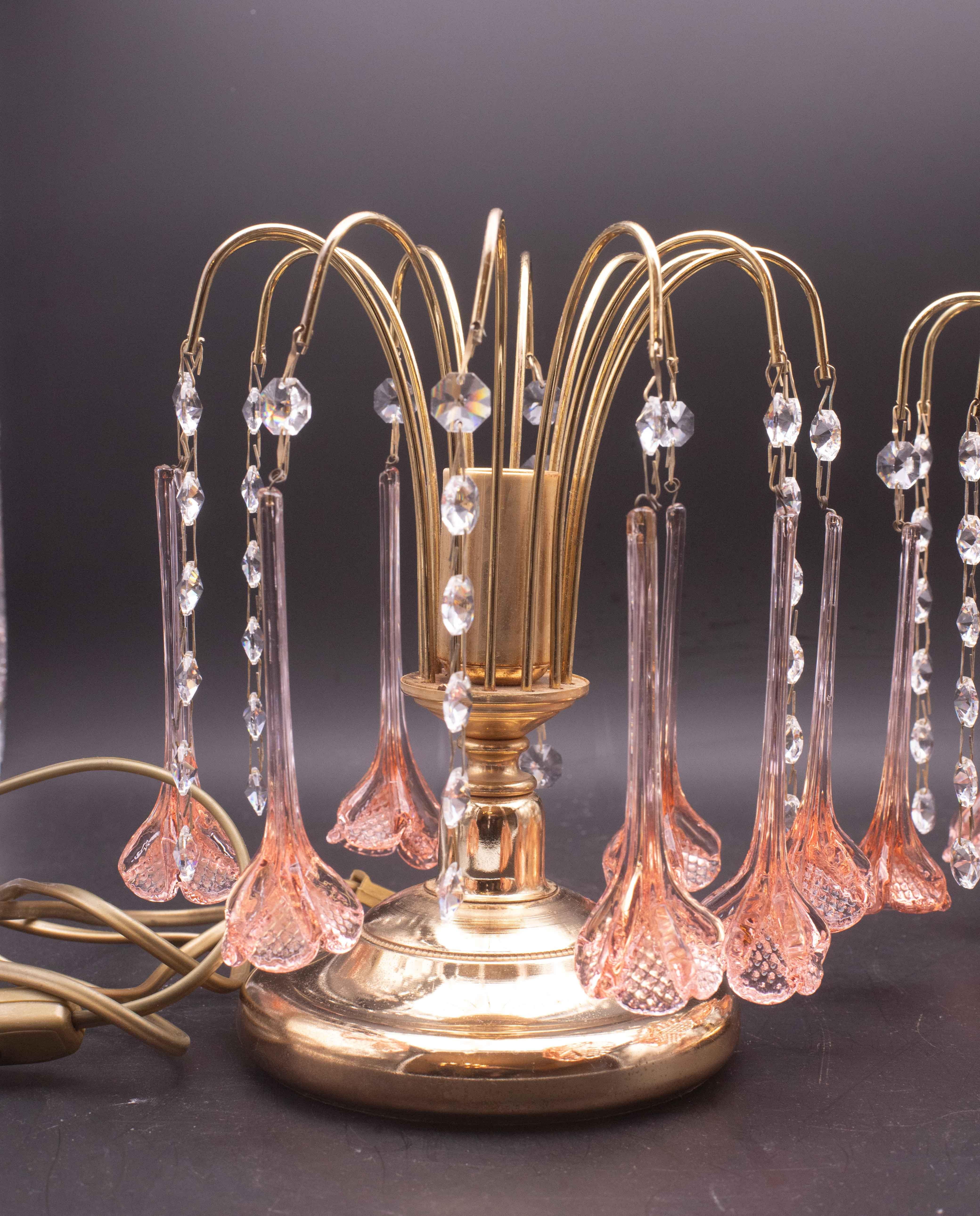 2er-Set Brigitte Bardot, Rosa Tropfen Kristall und Murano Glas Tischlampe, 1980er im Angebot 1