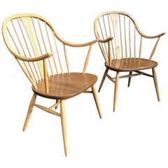 Retro Set of 2 British Midcentury Model 514 Elm and Beech Cowhorn Chairs by Ercol