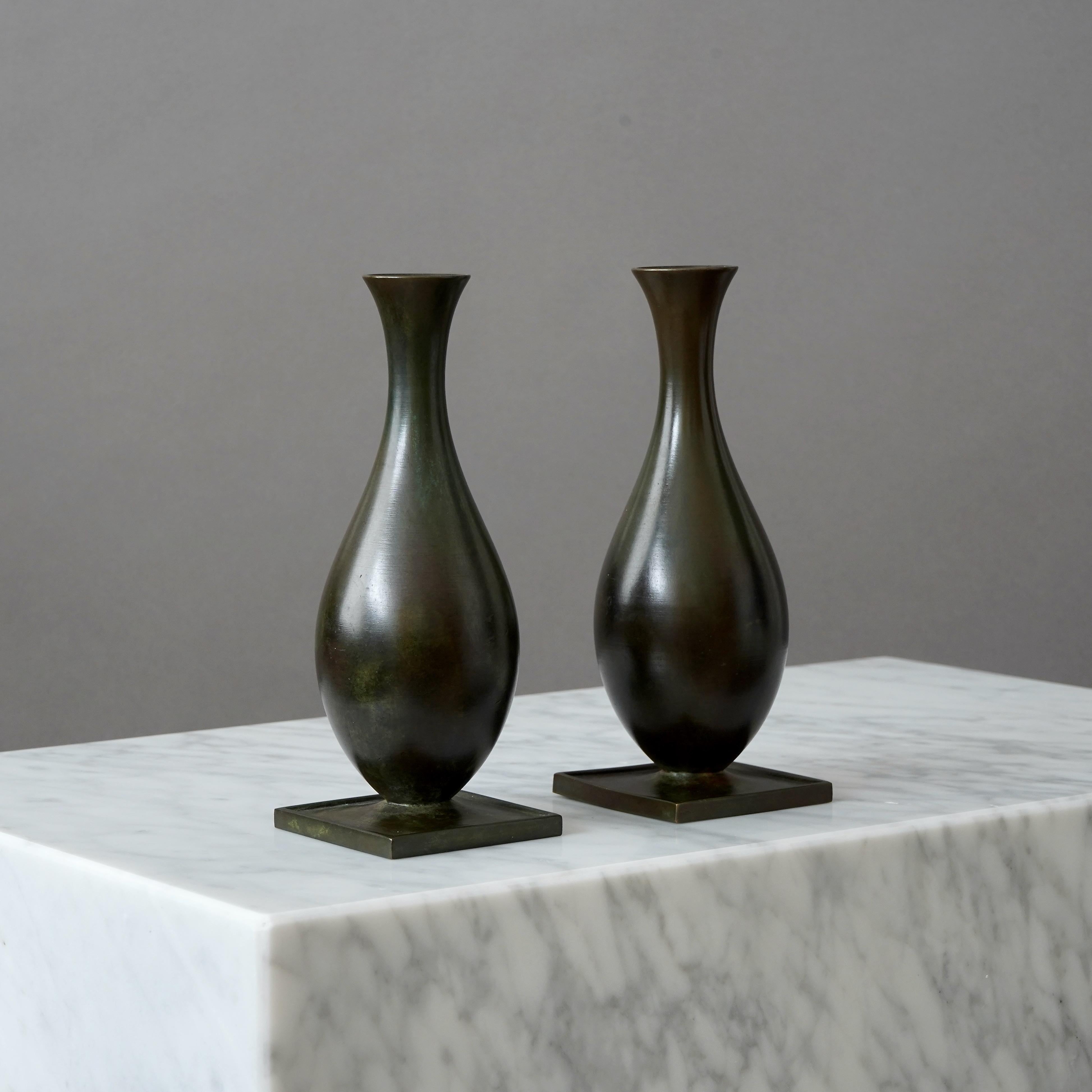 Cast Set of 2 Bronze Art Deco Vases by GAB Guldsmedsaktiebolaget, Sweden, 1930s For Sale