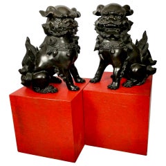 Vintage Set of 2 Bronze Shishi Okimono Sculptures, Signed Hideyama, Showa, 20th C