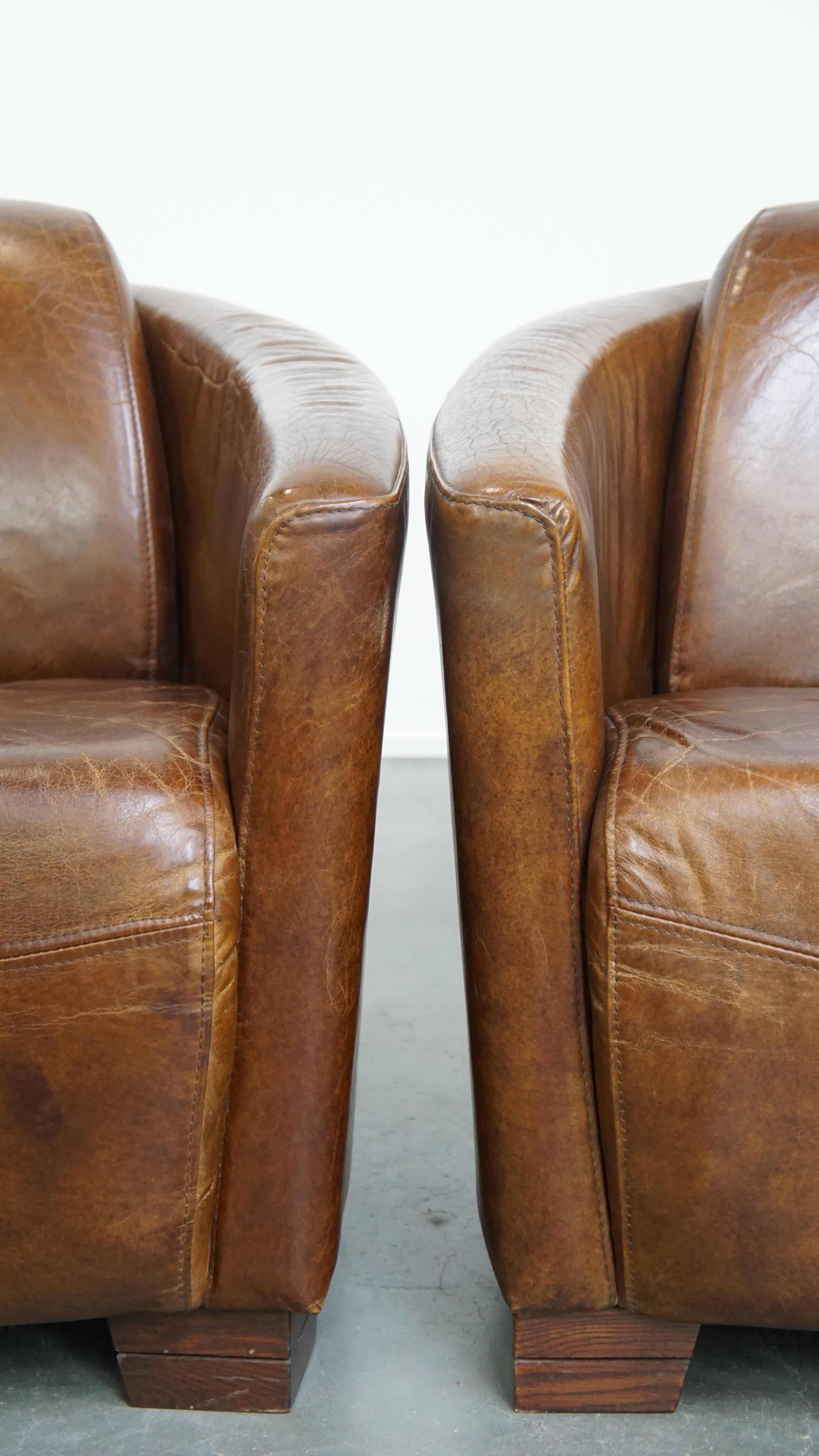 Set of 2 brown cowhide leather Aviator design armchairs For Sale 3