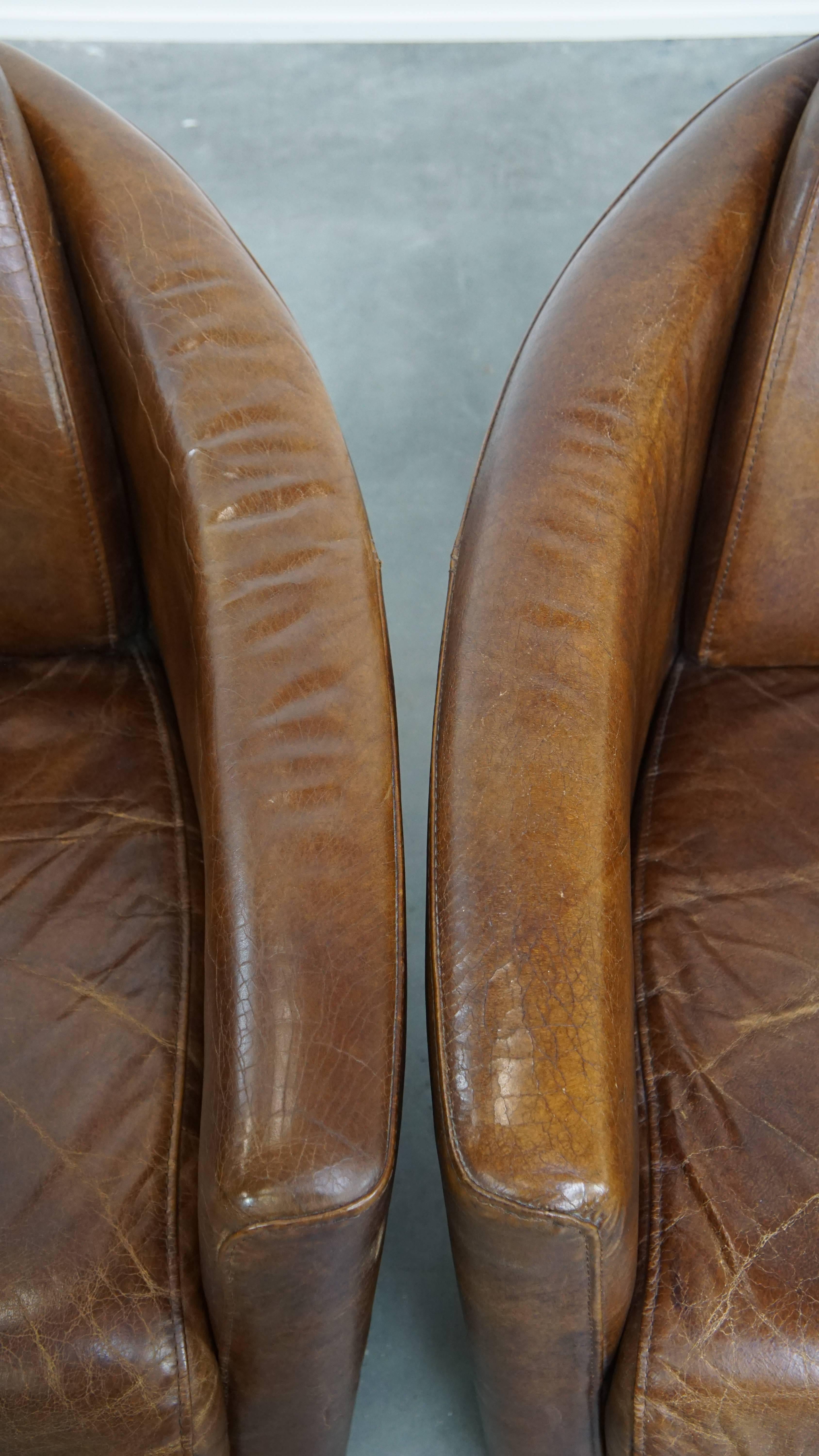 Set of 2 brown cowhide leather Aviator design armchairs For Sale 1