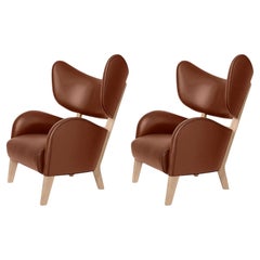 Set of 2 Brown Leather Natural Oak My Own Chair Lounge Chairs by Lassen