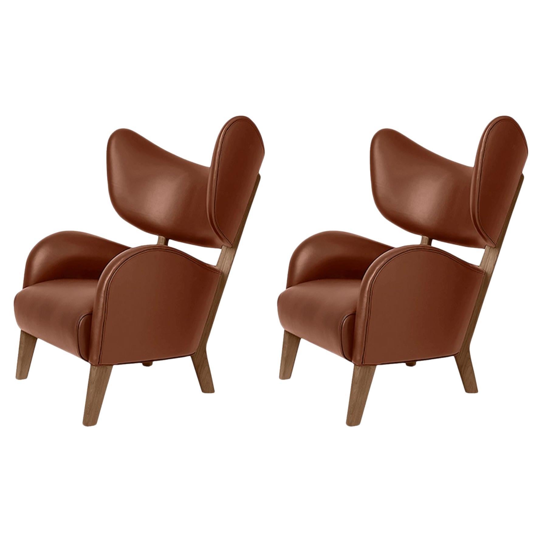 Set of 2 Brown Leather Smoked Oak My Own Chair Lounge Chairs by Lassen For Sale