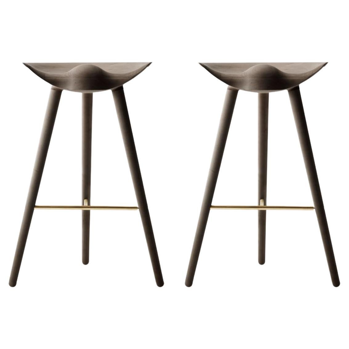Set Of 2 Brown Oak and Brass Bar Stools by Lassen
