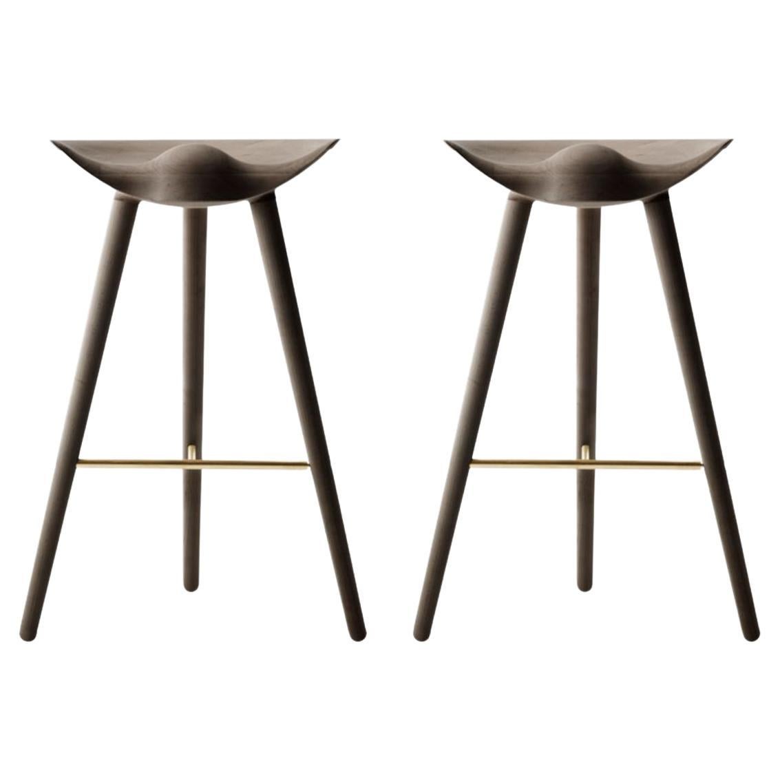 Set of 2 ML 42 Brown Oak and Brass Bar Stools by Lassen For Sale