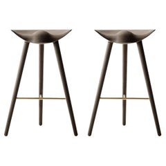 Set of 2 ML 42 Brown Oak and Brass Bar Stools by Lassen