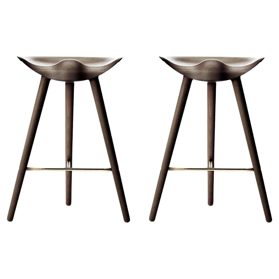 Set of 2 Brown Oak and Brass Counter Stools by Lassen
