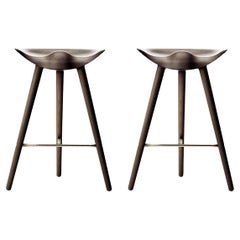 Set of 2 ML 42 Brown Oak and Brass Counter Stools by Lassen