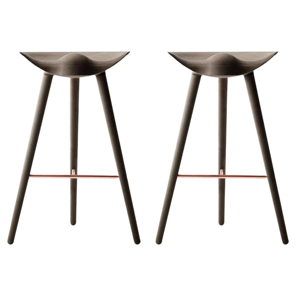 Set of 2 Brown Oak and Copper Bar Stools by Lassen