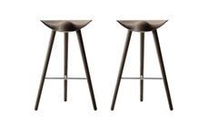 Set of 2 ML 42 Brown Oak and Stainless Steel Bar Stools by Lassen